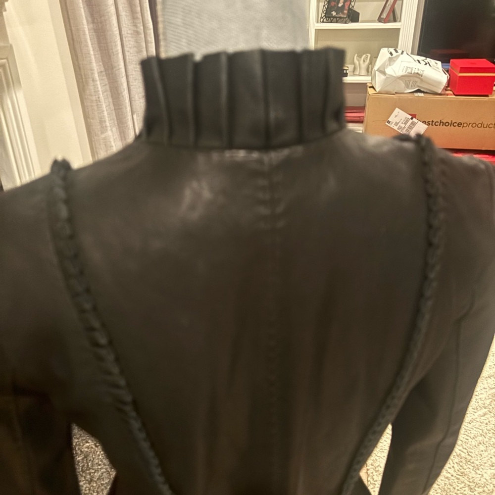 Tory Burch Black Ruffle Leather Jacket with Pleated Detail - Picture 3 of 6